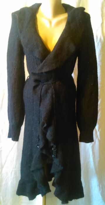 Кардиган р.48 длинный вязанный цвет графитовый бисерные кисти на поясе