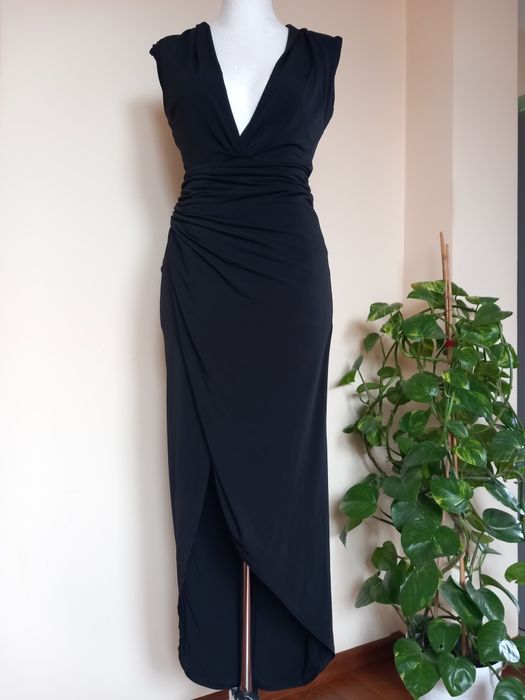 długa czarna wieczorowa suknia sukienka z rozcięciem Vestry 36/38