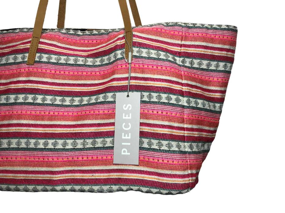2154 Duża Elegancka Tkana Torba Plażowa Na Ramię PIECES Canvas Indie
