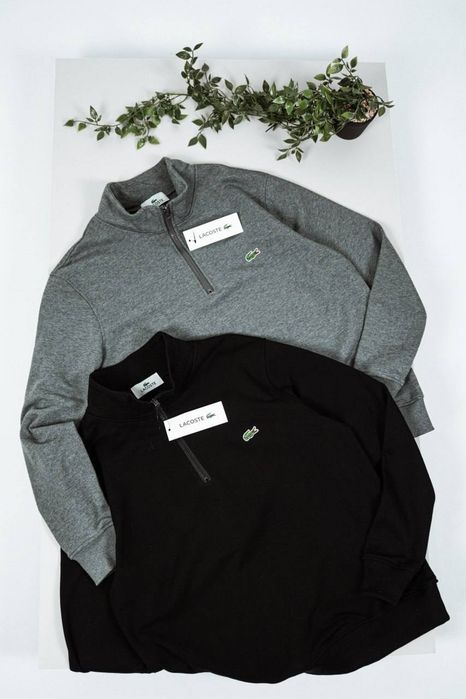 Свитшот Lacoste на молнии — мужской, черный/серый, воротник-стойка