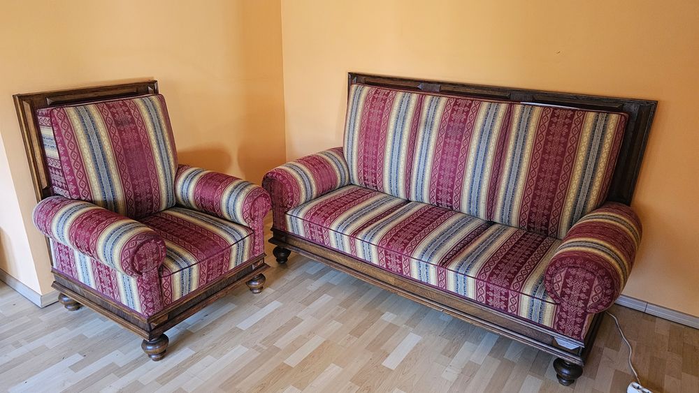 ANTYK  Sofa + fotel vintage, solidne lite drewno, klasyczny styl