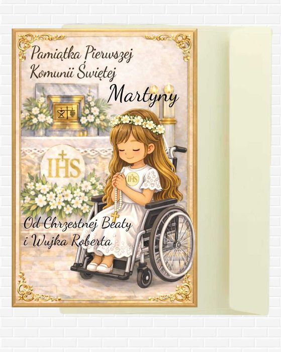 Kartka na Komunię Św Personalizowana Dziewczynka/Długie Włosy/Wózek