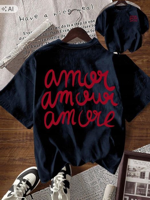 Shein czarny t shirt damski z napisem amor amour casual xl 1ła
