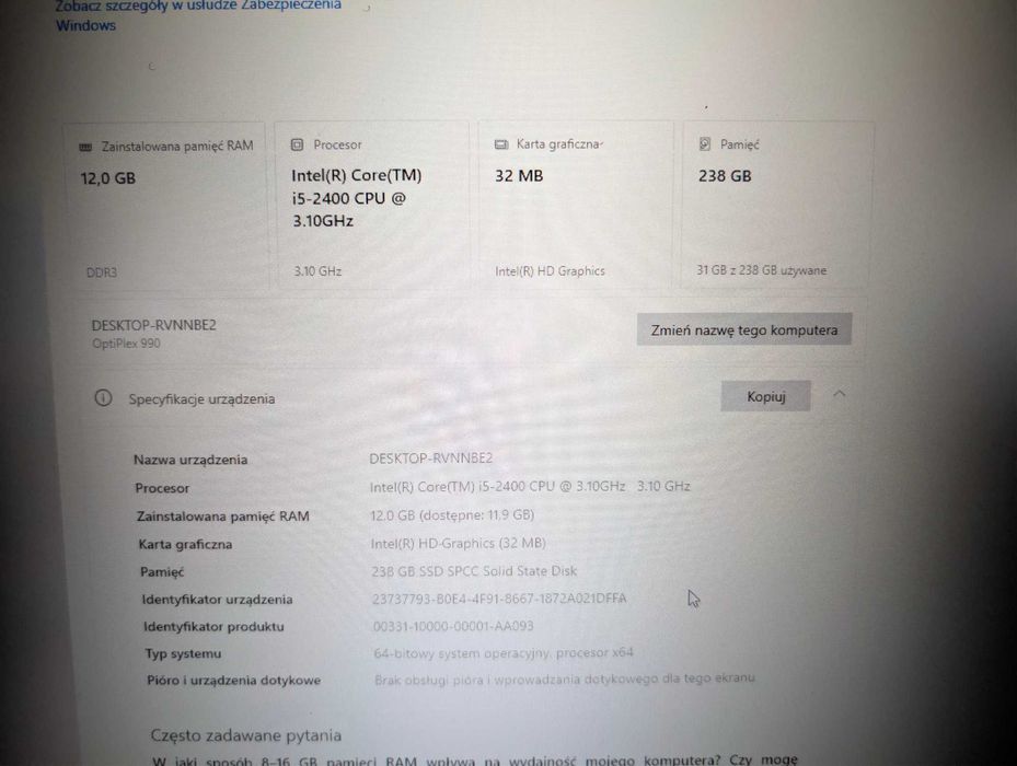 Zestaw komputerowy Dell i5-2400 | 12GB RAM | SSD 240GB | Monitor Dell 22"