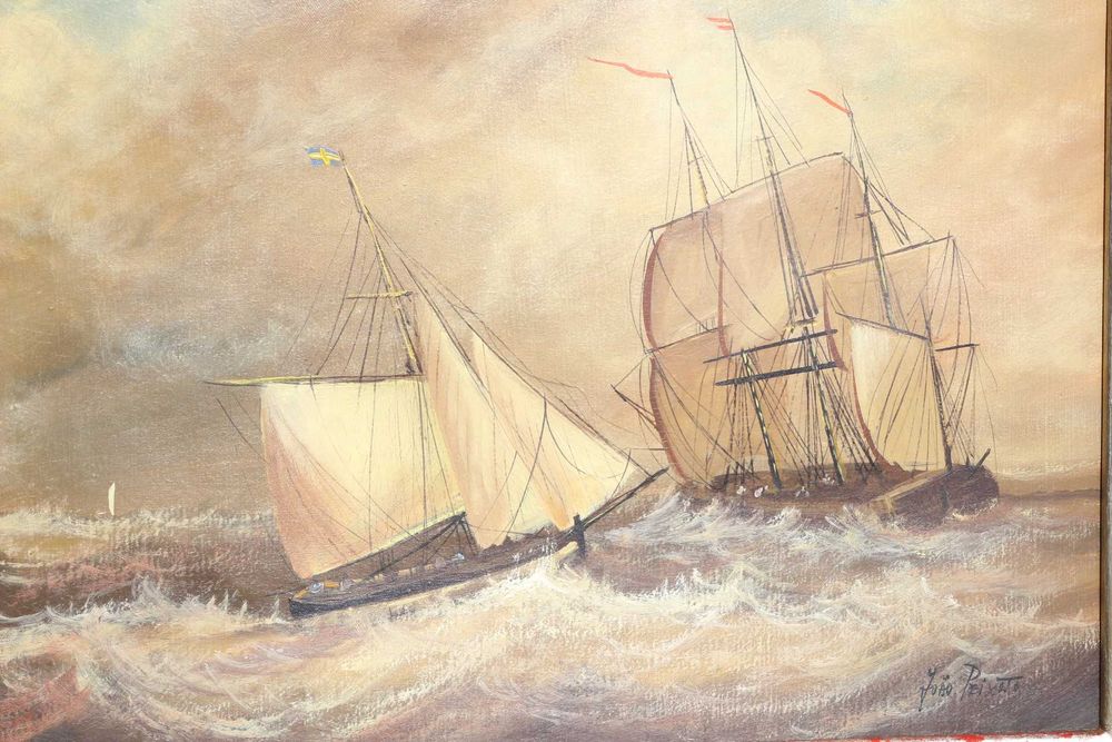 Quadro de JOÃO PEIXOTO Óleo s Tela Barcos Assinado 30 x 40 cm mancha