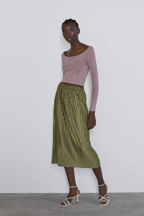 Плиссе миди юбка на резинке цвет хаки ZARA M