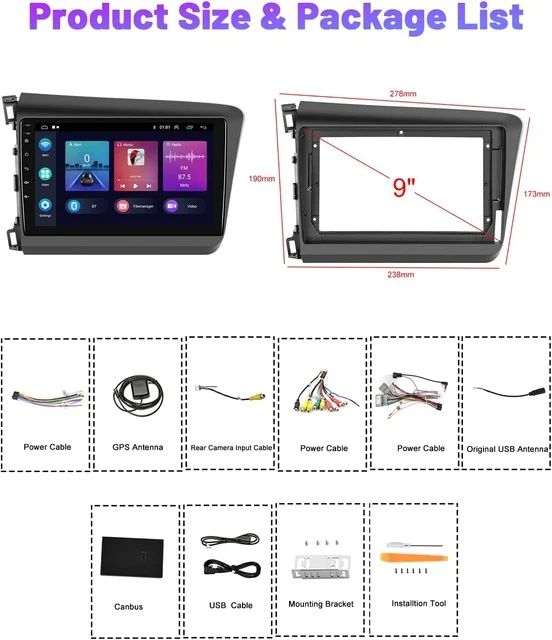 Rádio 9" android Honda CIVIC 2012 a 2015 CARPLAY WIFI GPS 2/32GB Novo