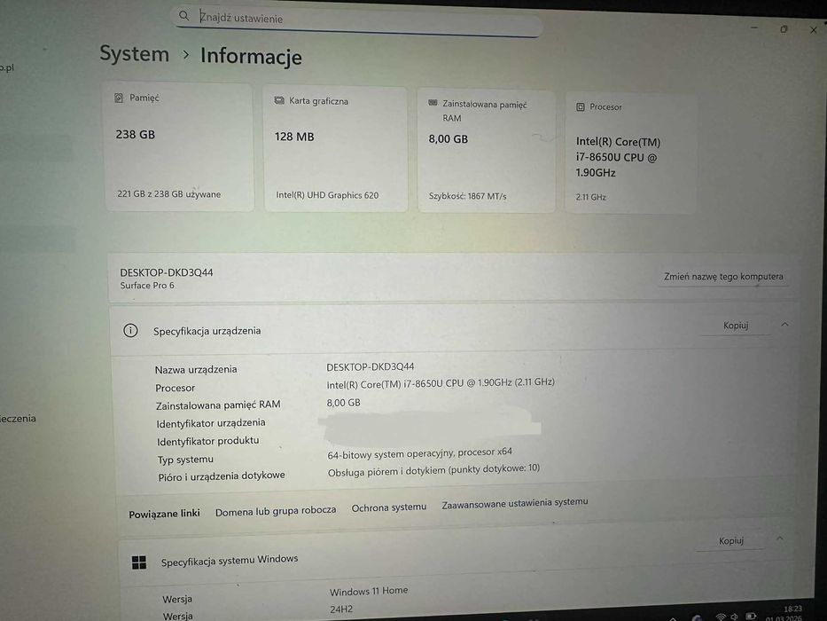 Surface Pro 6 i7 RAM 8GB  SSD 256 GB