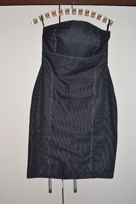 Sukienka taliowana orsay pasy paski elegancka do pracy M 38 granat