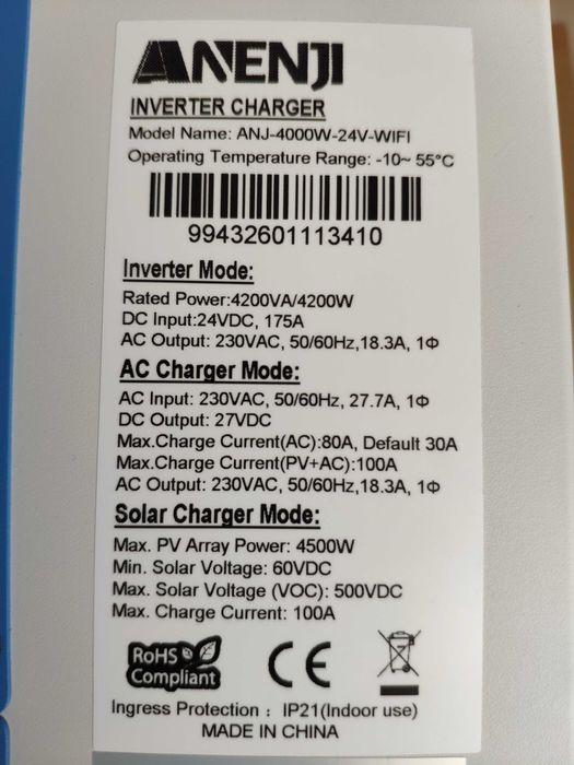 НОВИЙ Гібридний інвертор Anenji ANJ-4000W-24V-WIFI, 24 В, 4200 Вт