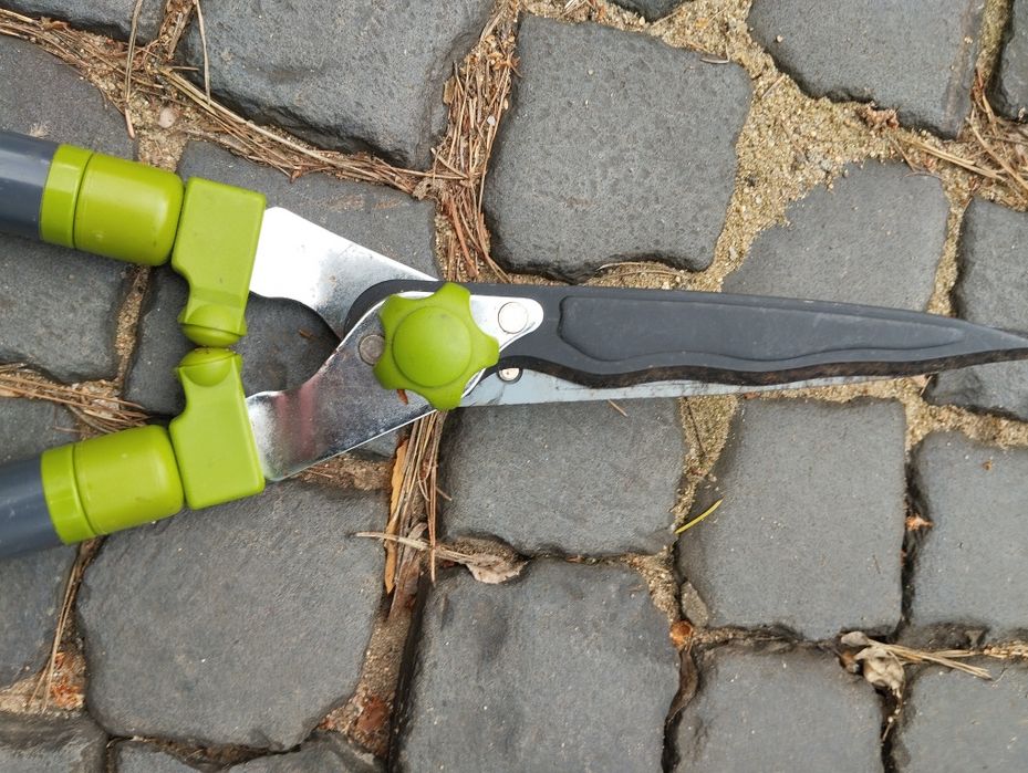 Długie teleskopowe nożyce do żywopłotu gałęzi krzaków krzewów.