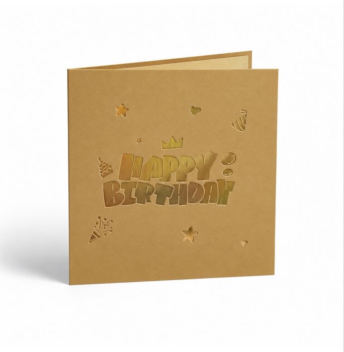 Музична вітальня «Happy Birthday» з об'ємним тортом усередині та підсвіткою, Золотий