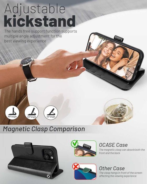 OCASE etui skórzane do iPhone 15 RFID z klapką portfel stojak czarne