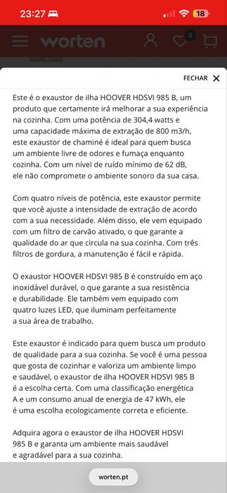 Exaustor ilha Hoover - HDSV1985B