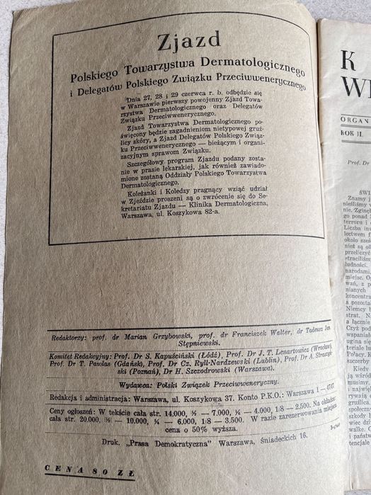 Stara gazeta kwartalnik Kronika Wenerologiczna styczeń marzec 1948