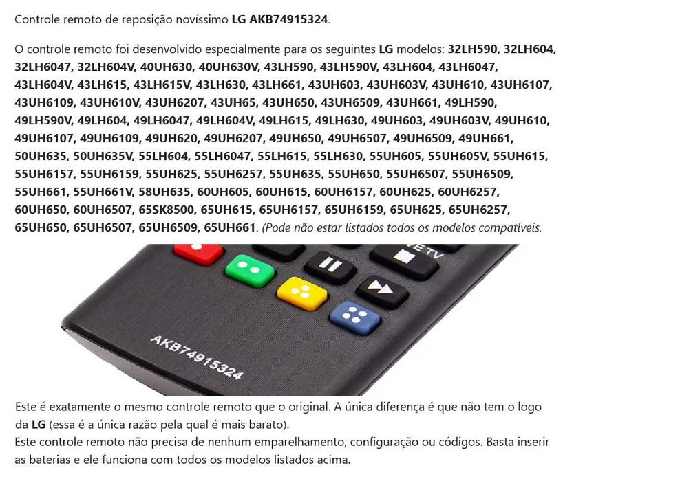 *NOVO* Controle remoto LG para TV LED/LCD - Comando TV