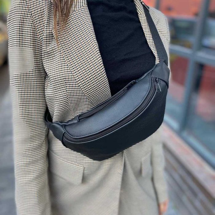 Шкіряна бананка, чоловіча сумка жіноча з натуральної шкіри, чорна