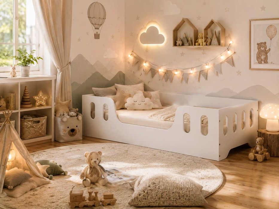 Łóżko dla dziecka LAKI 160x80 Montessori biały sonoma z materacem Gratis