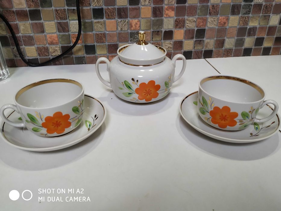 Столовый сервиз. Чайный набор Дружковка. Ручная роспись. Винтаж.