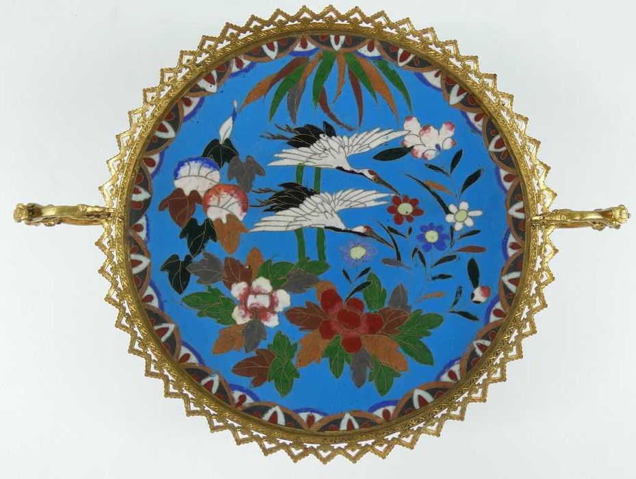 PATERA talerz emalia CLOISONNE kwiat ptak żuraw