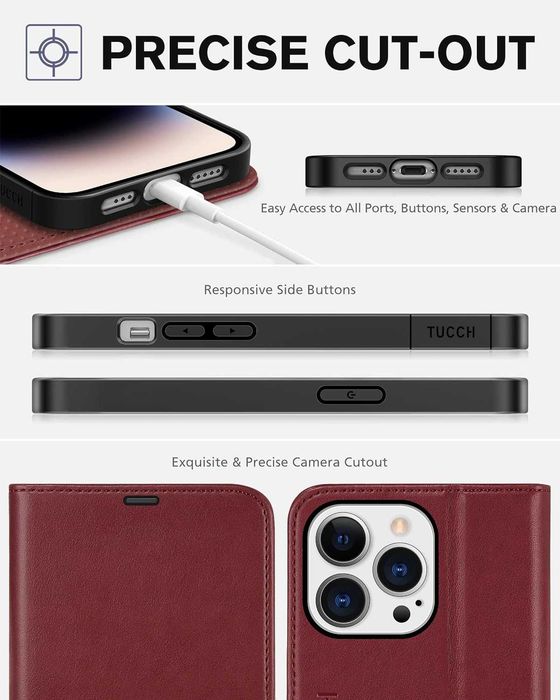 TUCCH iPhone 14 Pro etui skórzane magnetyczne Portfel RFID  czerowne