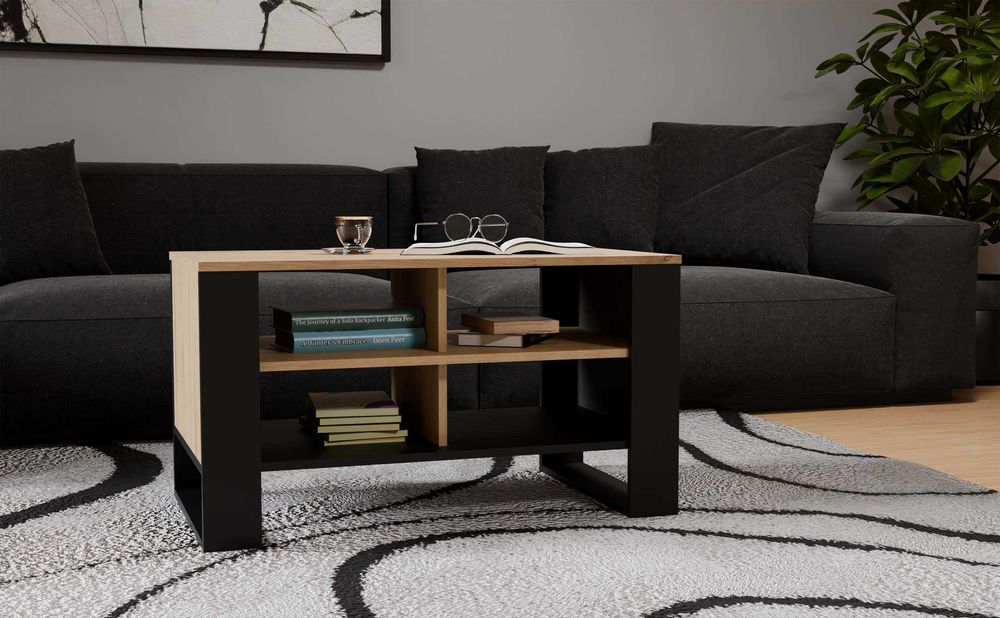 Stolik Kawowy MODERN 4P Ława z 4 Półkami DĄB ARTISAN / CZARNY