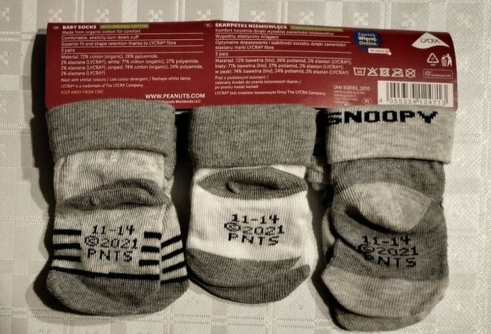 Skarpetki / Skarpety z ekologiczną bawełną 3 pary rozmiar 11-14 Snoopy