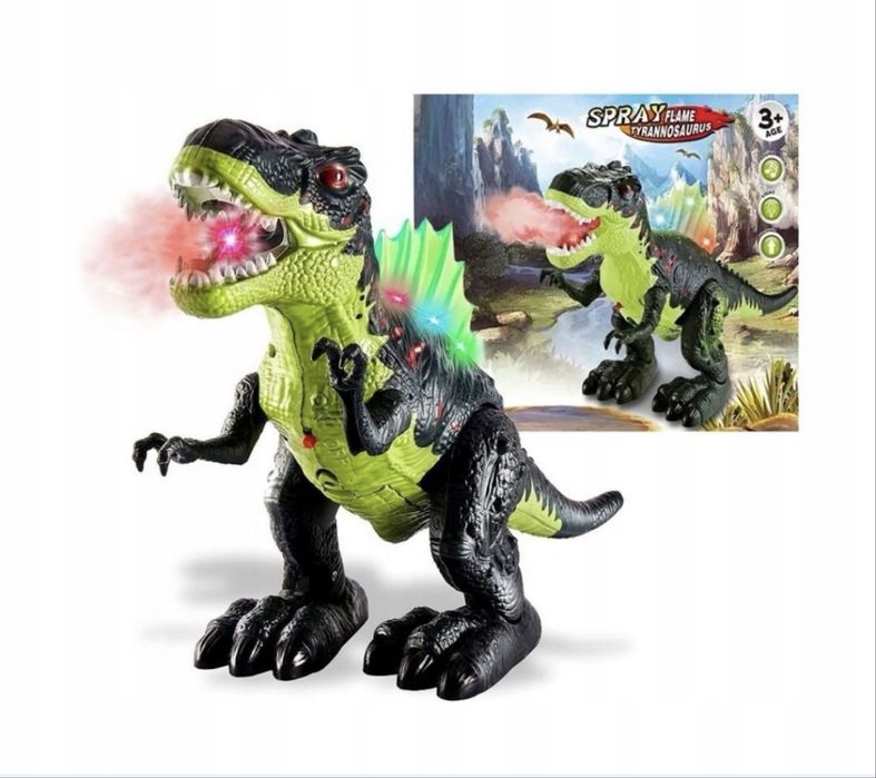 Zielony dinozaur chodzi, wydaje dżwieki