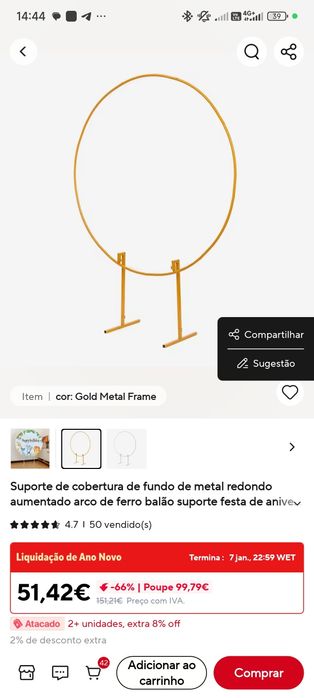 Vendo arco de balão dourado de ferro 150cm.
