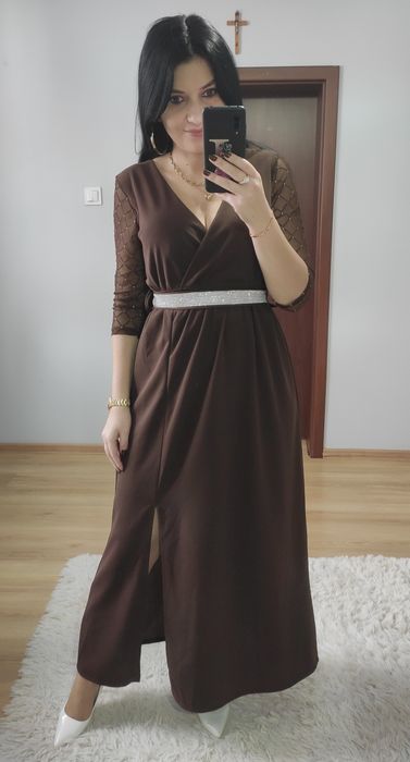 Sukienka długa maxi czekoladowa z paskiem wesele impreza