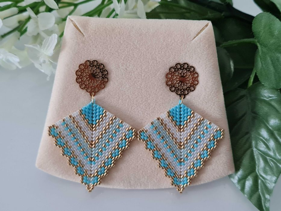 Kolczyki handmade turkusowo-złote Miyuki rękodzieło