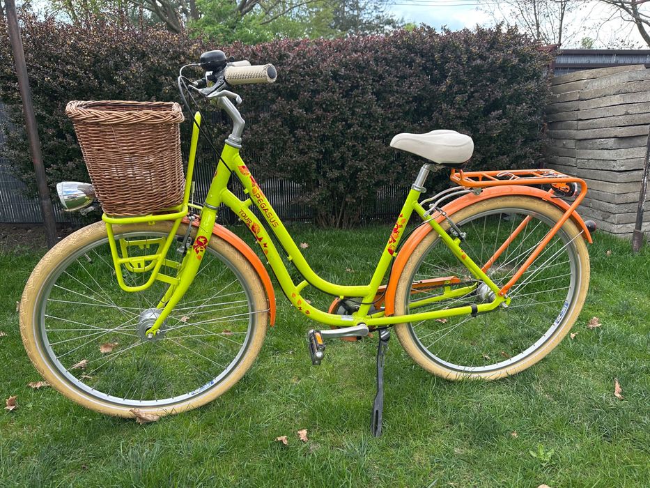 Stylowy rower miejski PEGASUS TOUR | Limonka | Kosz | Stan BDB!