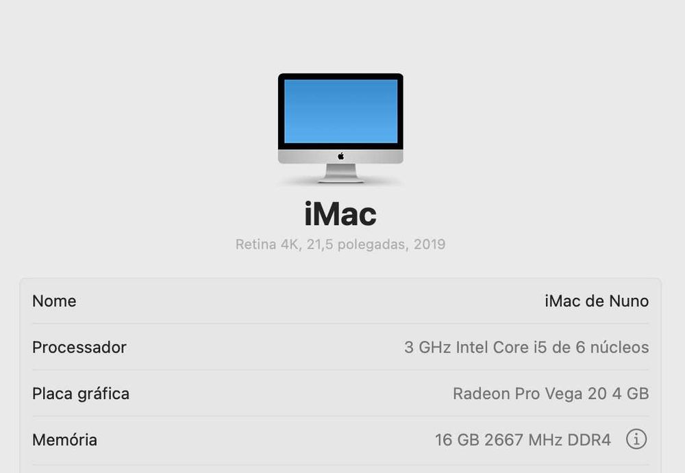 Apple iMac 21.5" Retina 4K - 2019 (i5 3.0/16GB/SSD/Radeon Pro Vega)