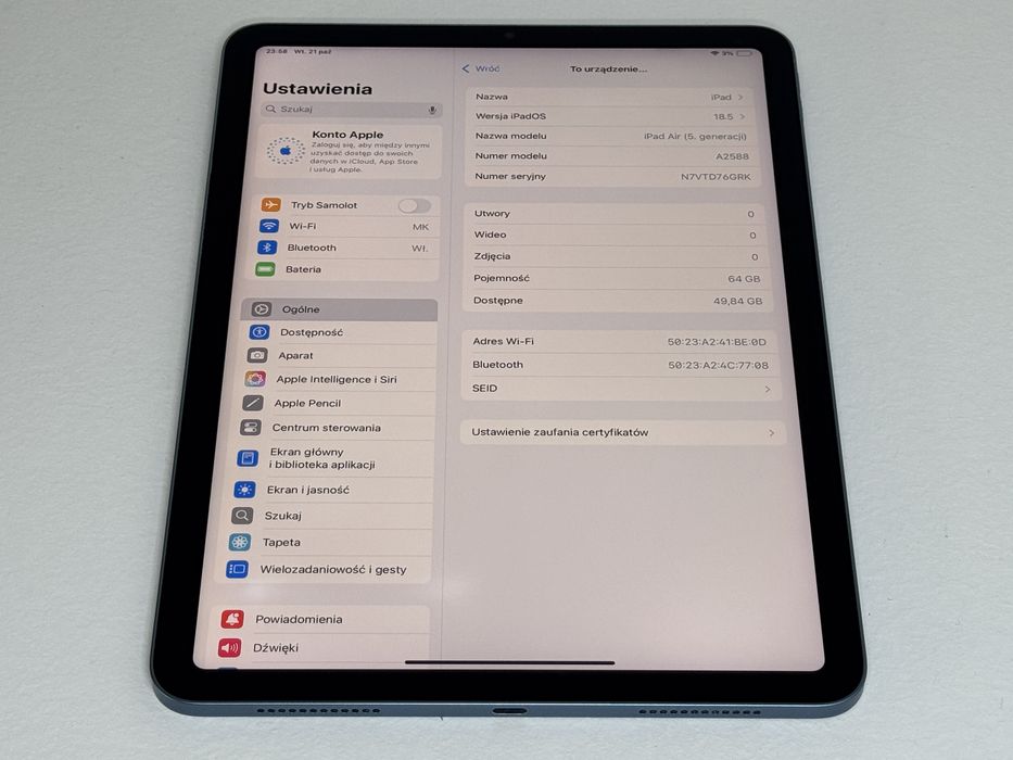iPad Air 5 (A2588) - Apple M1 - 64GB - faktura VAT 23%
