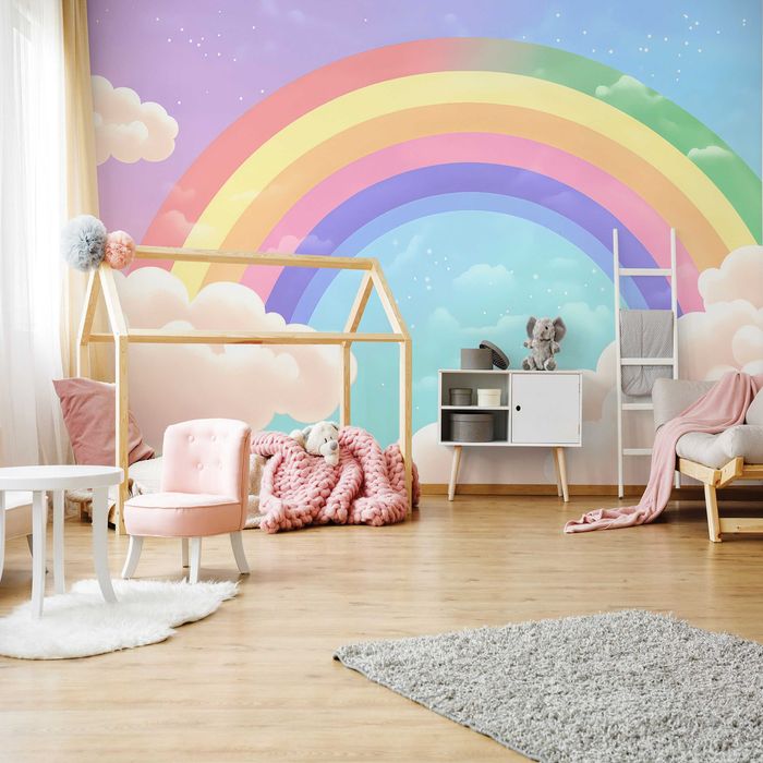 Fototapeta Dla Dziewczynki Dziecka Kolorowa Tęcza Chmurki 3D + KLEJ