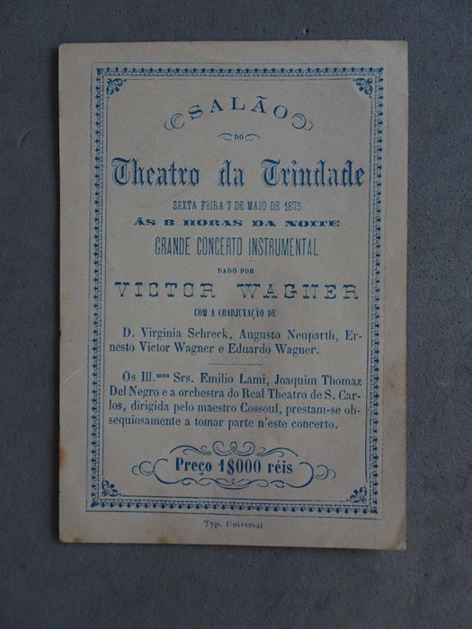 Antigo programa / cartão Teatro da Trindade Theatro da Trindade 1875