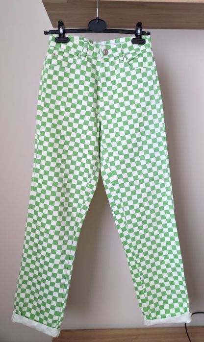 Spodnie XS 34 Bershka straight proste wysoki stan kratka