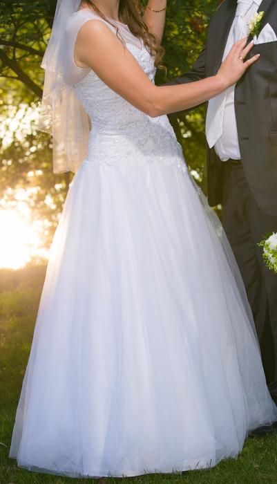 Suknia ślubna annais bridal wydłużona talia, wiązana, roz. 40, wys.17