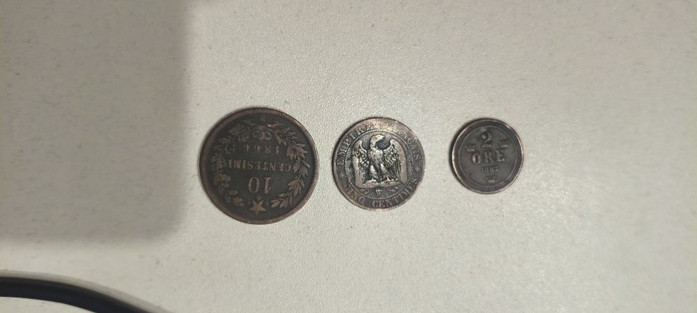 Монеты старинные 10 чентезимо 1866г  2 эре 1882