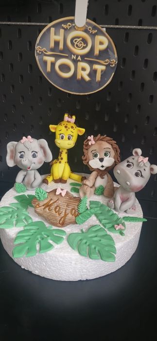 Dekoracje z masy cukrowej na tort. Safari Lew słoń żyraf hipopotam