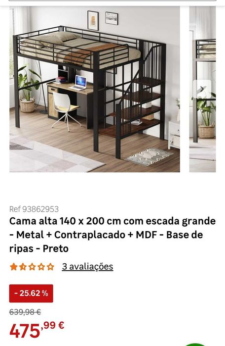 Cama alta 140 x 200 cm com escada grande