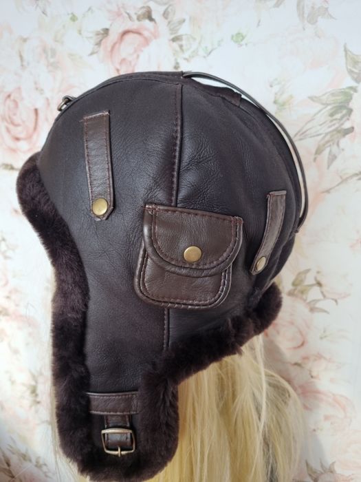 Skórzana czapka pilotka brązowa roz.62-63cm