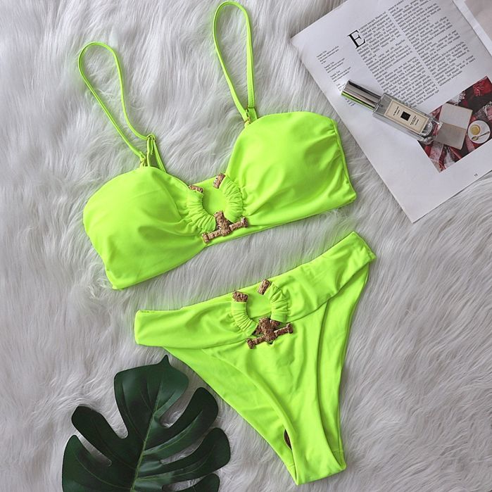 Bikini strój kąpielowy neon limonka złote ozdoby