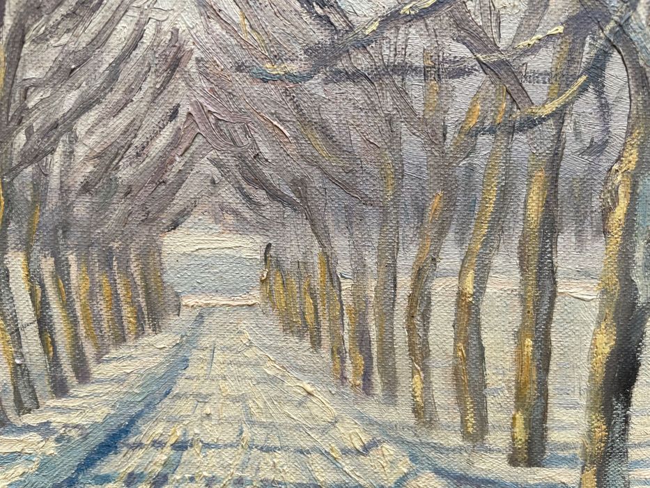 Obraz olejny na płótnie - zimowy pejzaż aleja drzew z 1931 r. sygnatura