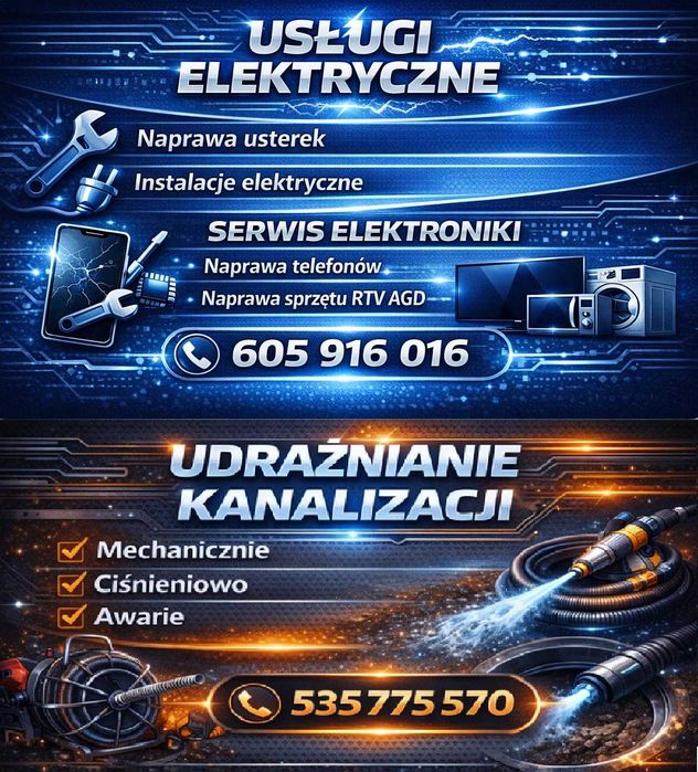Udrażnianie rur kanalizacji usługi elektryczne serwis elektroniki