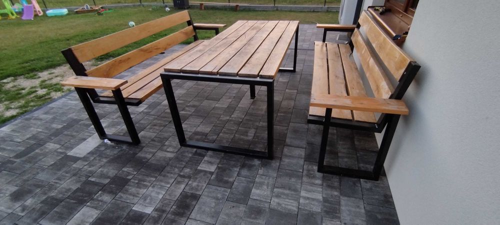 Meble ogrodowe SOLIDNE MOCNE Dąb+ocynkowana stal 200 CM SZER. 4 CM GR