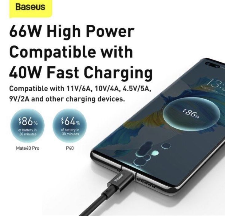 Кабель Baseus з чіпом USB to Type-С 6А / 66W / 100см Швидка Зарядка