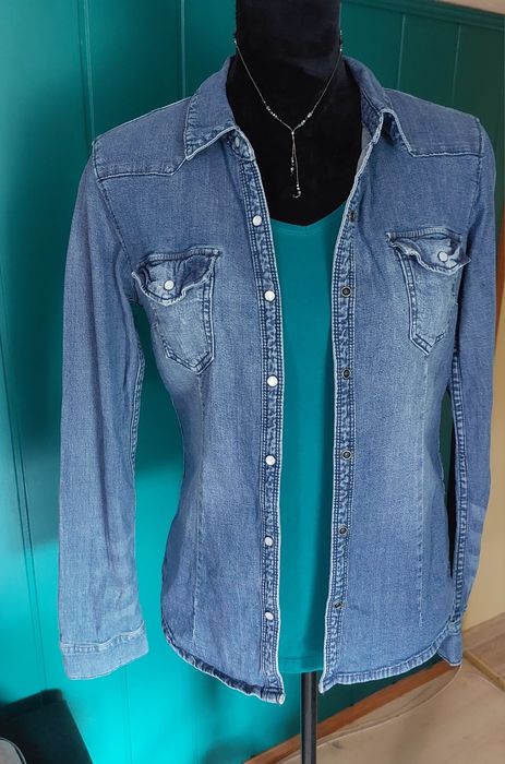 Zestaw koszula jeansowa + bluzka bawełniana w serek basic hit H&M r.S,