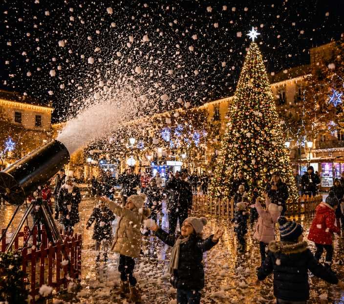 canhão de neve, carrossel, pista de gelo, comboio carris, carrossel, parada de natal
