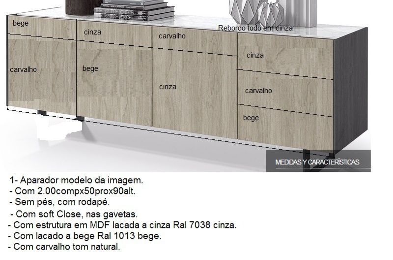 Aparador estrutura lacada portas branco, cinza e madeira
